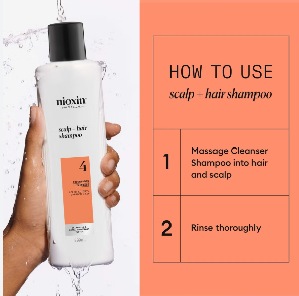 Nioxin shampoo bottle held by a hand with usage instructions on an orange background