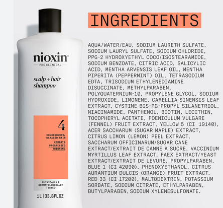 Nioxin shampoo bottle with ingredient list on a white background