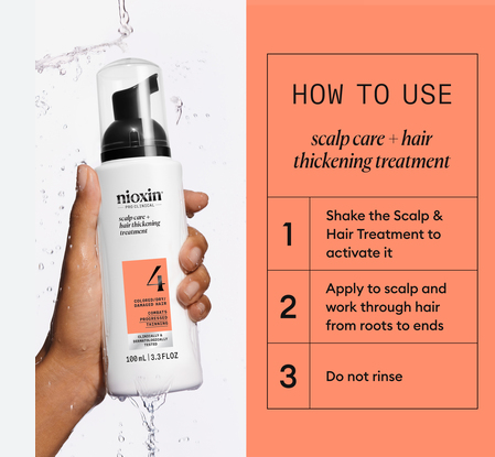 Nioxin scalp care and hair thickening treatment bottle with usage instructions on an orange background
