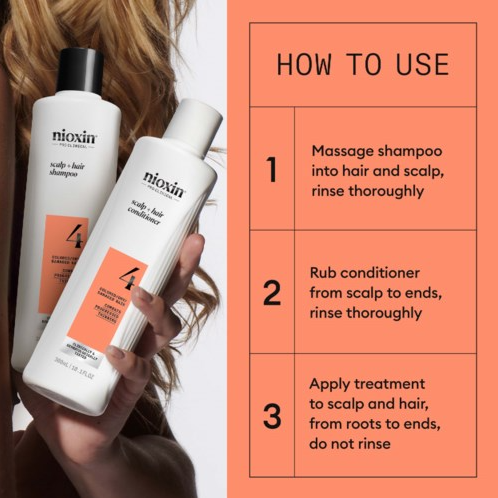 Nioxin hair care products with usage instructions on an orange background