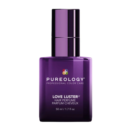 A bottle of Pureology Love Luster Hair Perfume in a deep purple color with a matching dark purple cap, shown on a plain white background.