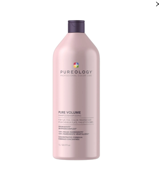 Pink bottle of Pureology Pure Volume shampoo on a white background