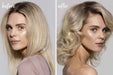 Before and after comparison of a woman with blonde hair styled differently.