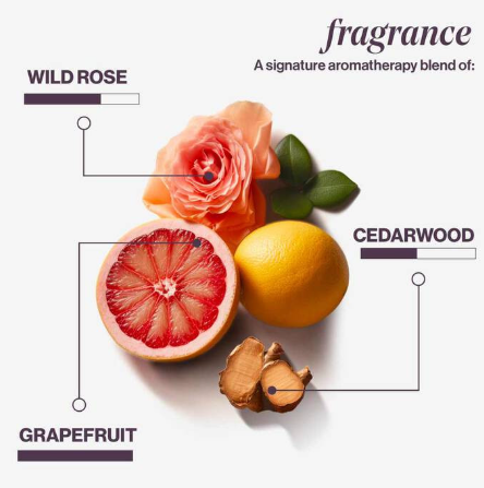 Fragrance blend with wild rose, cedarwood, and grapefruit on a white background
