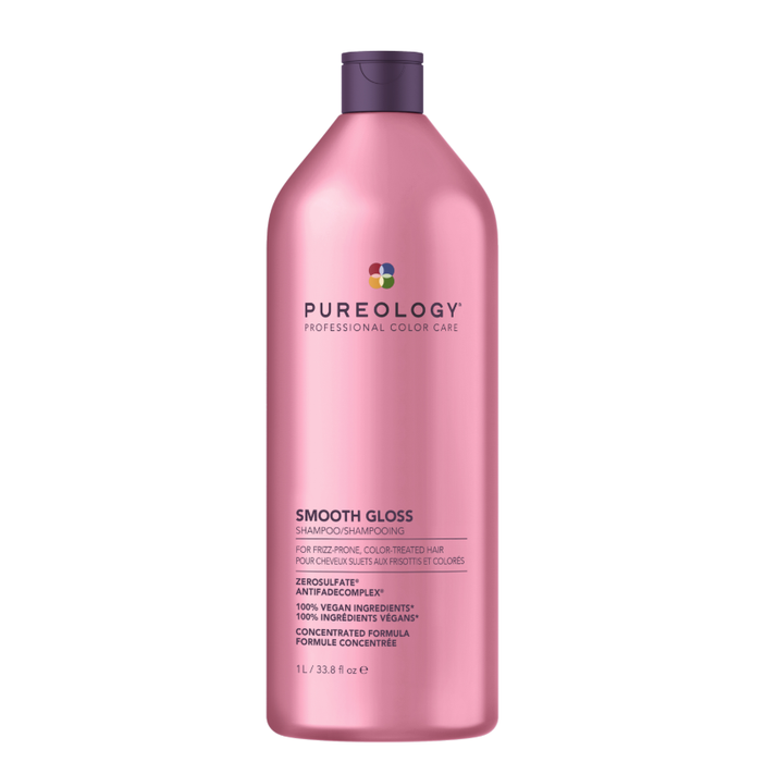 A large bottle of Pureology Professional Color Care Smooth Gloss Shampoo on a solid white background.