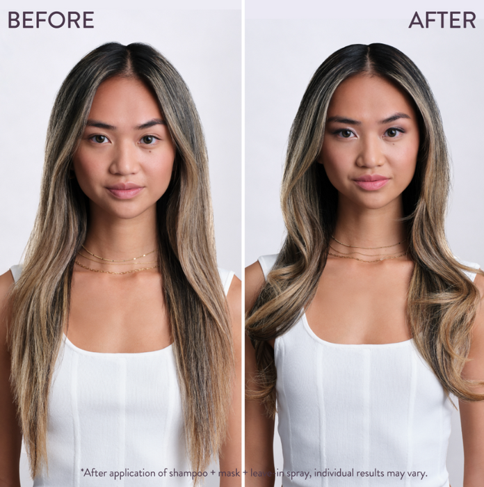 Before and after comparison of a woman's long, straight, light brown hair with highlighted blonde ends, shown side by side against a light gray background. The left side is labeled 'BEFORE' and the right side is labeled 'AFTER'.