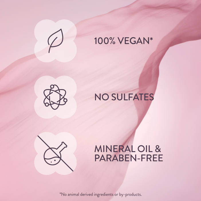 A pink promotional graphic with three white cloud-like icons and text reading '100% VEGAN*', 'NO SULFATES', and 'MINERAL OIL & PARABEN-FREE' on a soft pink abstract background.