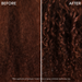 Before and after hair care comparison showing dark brown textured hair on the left and defined curly hair on the right, with text labels BEFORE, AFTER, and a small disclaimer at the bottom.
