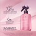 A bottle of Pureology Smooth Gloss Studio Spray in a soft pink bottle with a dark purple trigger sprayer, set against a matching pink background with promotional text overlays.