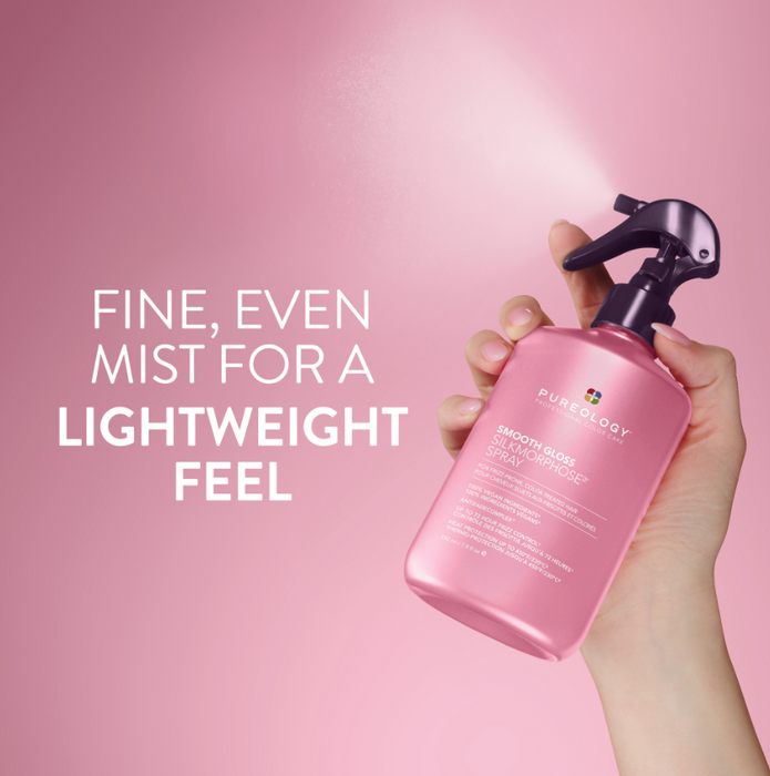 A hand holding a pink Kurekyo Smooth Skin Spray bottle, spraying a fine pink mist against a solid pink background with the text 'FINE, EVEN MIST FOR A LIGHTWEIGHT FEEL'.