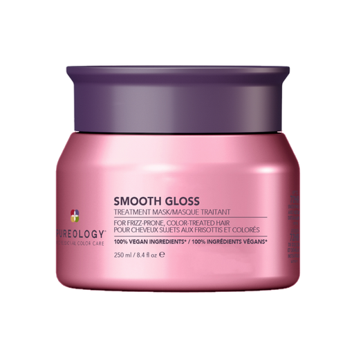 A jar of Aurology Smooth Gloss treatment mask for frizzy, fine, color-treated, and colored hair, featuring a metallic pink container and a dark purple lid, set against a plain white background.