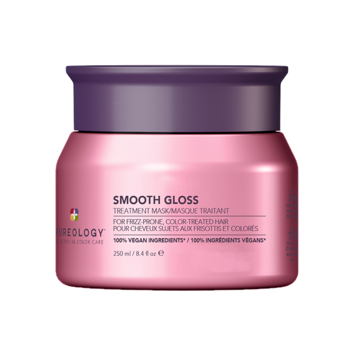 A jar of Aurology Smooth Gloss treatment mask for frizzy, fine, color-treated, and colored hair, featuring a metallic pink container and a dark purple lid, set against a plain white background.