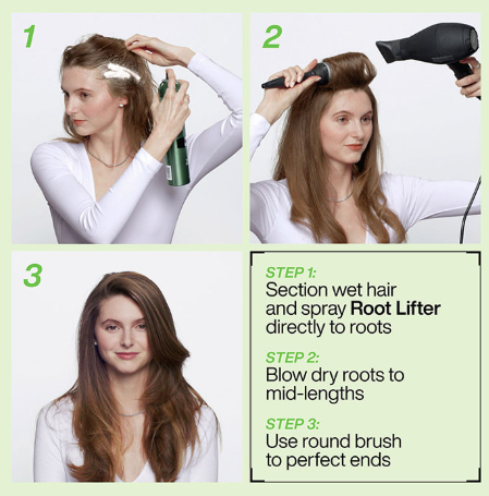 Step-by-step guide on using a Root Lifter hair product with images of a woman applying it and blow-drying her hair.