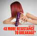 A person with bright red hair holds a purple bottle of Hairsicle Extreme Breakage Resistant Shampoo against their face in a stylized pose. Large red text at the bottom reads 'UP TO 4X MORE RESISTANCE TO BREAKAGE'.