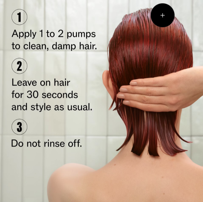 Instruction graphic showing how to apply a hair product. A woman with wet auburn hair is shown from the back, with a hand smoothing the hair.
